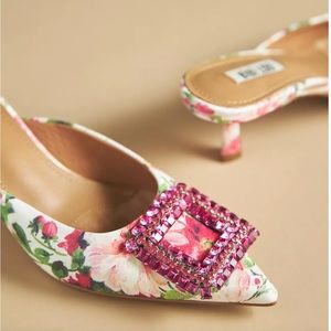 Anthropologie Floral White Pink Gem-Embellished Pointed Kitten Heels